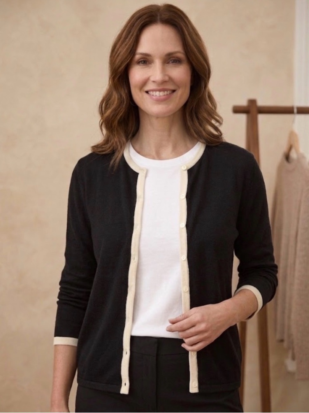 August Silk Knits 100% Black Button Down Cardigan with Cream Trim Size Large